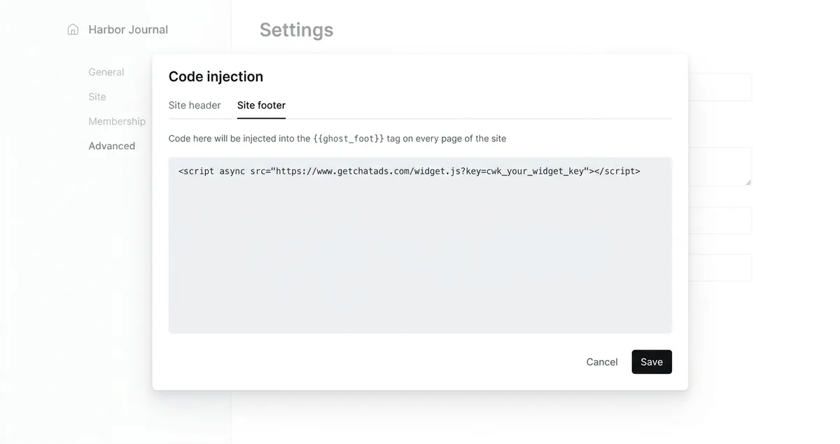 Ghost Admin Code injection dialog with the Site footer tab selected and a single chatbot script tag pasted in