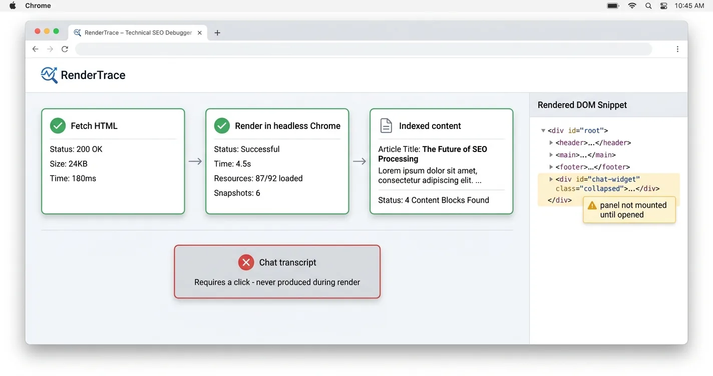 Technical SEO debugger showing fetch HTML and headless Chrome render both passing into indexed content, with a chat transcript card marked with a red X reading requires a click, never produced during render
