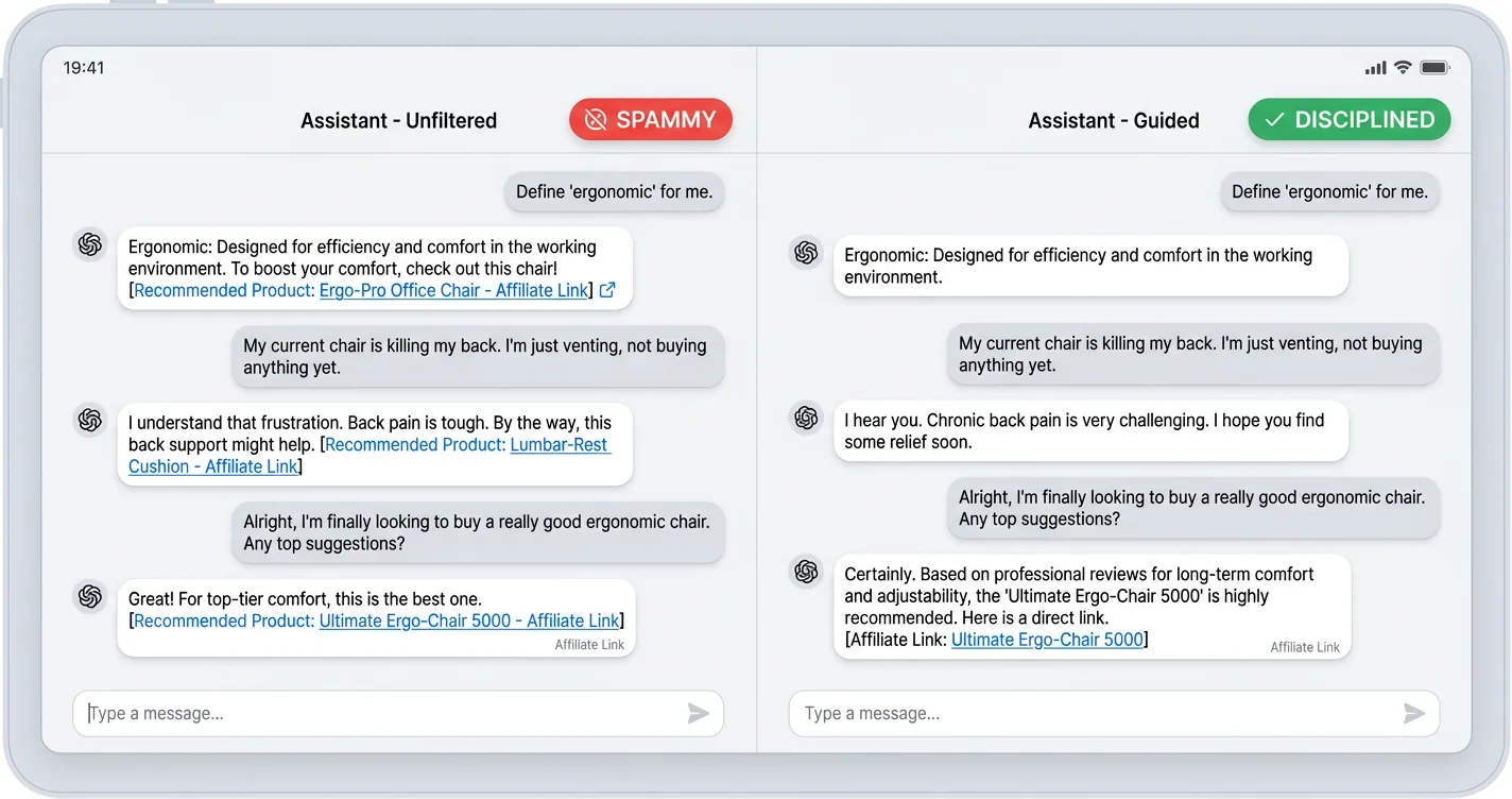 Side-by-side chat comparison: a spammy assistant linking on every turn versus a disciplined one that stays silent until a clear buying signal appears