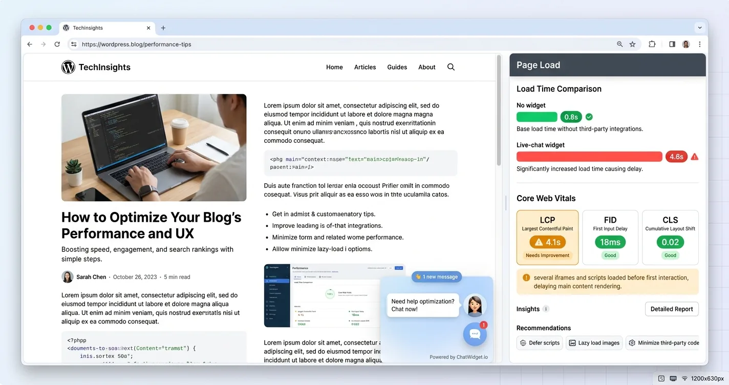 A WordPress blog page with a live-chat bubble in the corner next to a page-speed panel showing the added load time and a Core Web Vitals warning