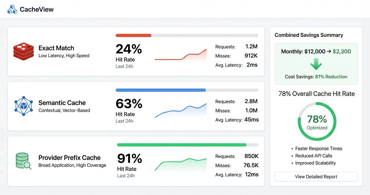 Caching analytics dashboard showing exact-match, semantic, and provider prefix caching layers with hit rate metrics