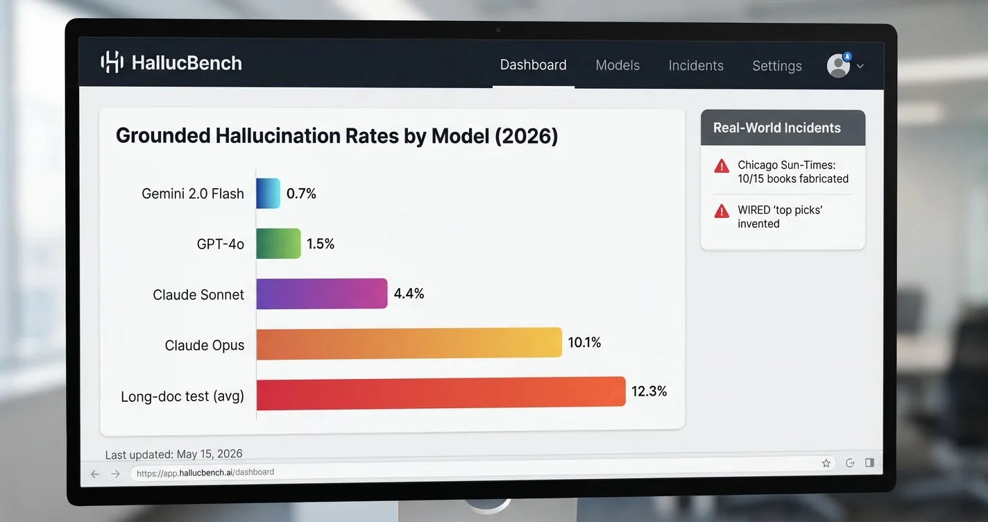 HallucBench dashboard showing grounded hallucination rates per LLM, annotated with the Chicago Sun-Times and WIRED incidents