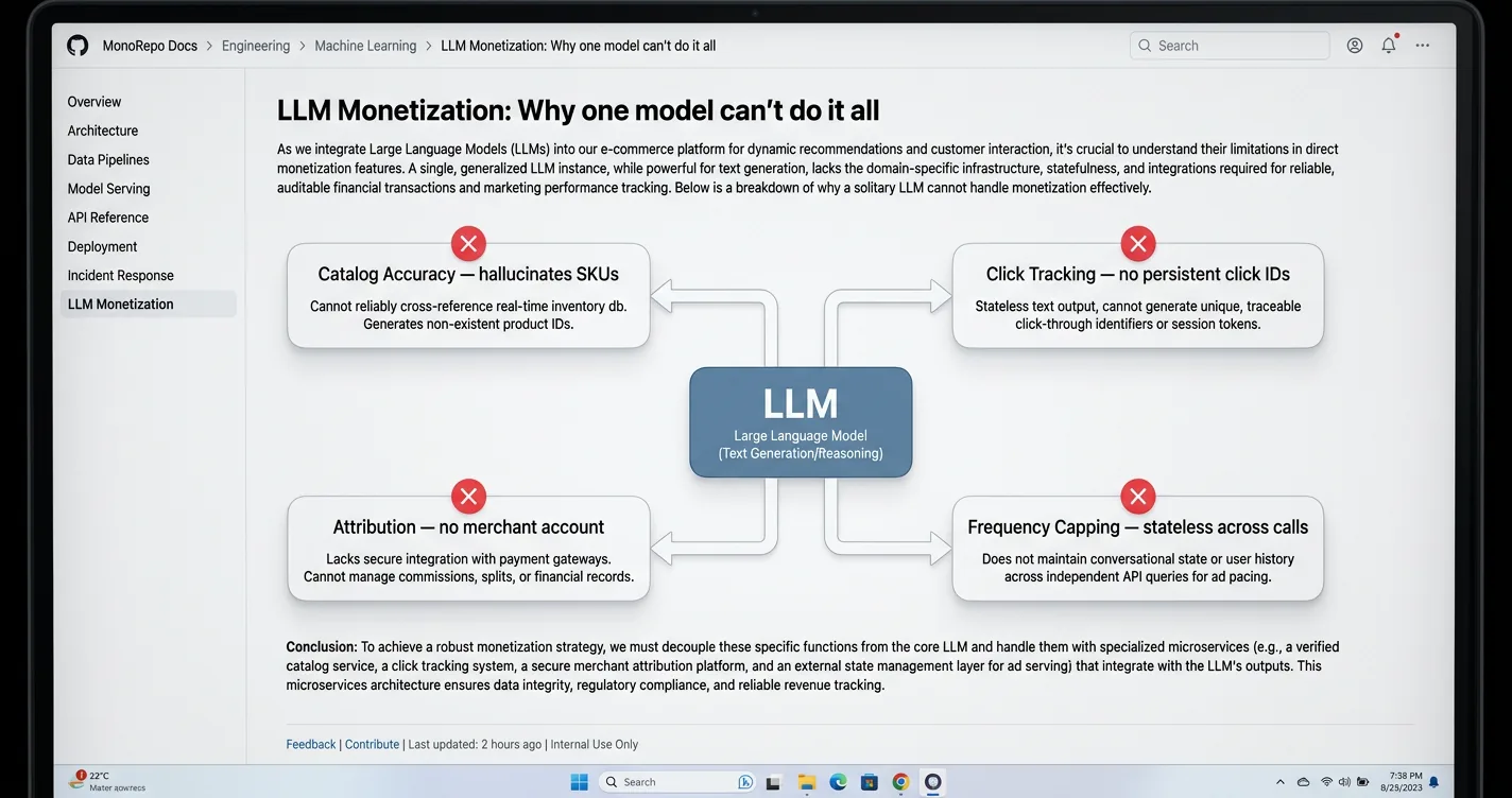 Engineering wiki diagram showing an LLM unable to handle the four monetization requirements: catalog accuracy, click tracking, attribution, and frequency capping