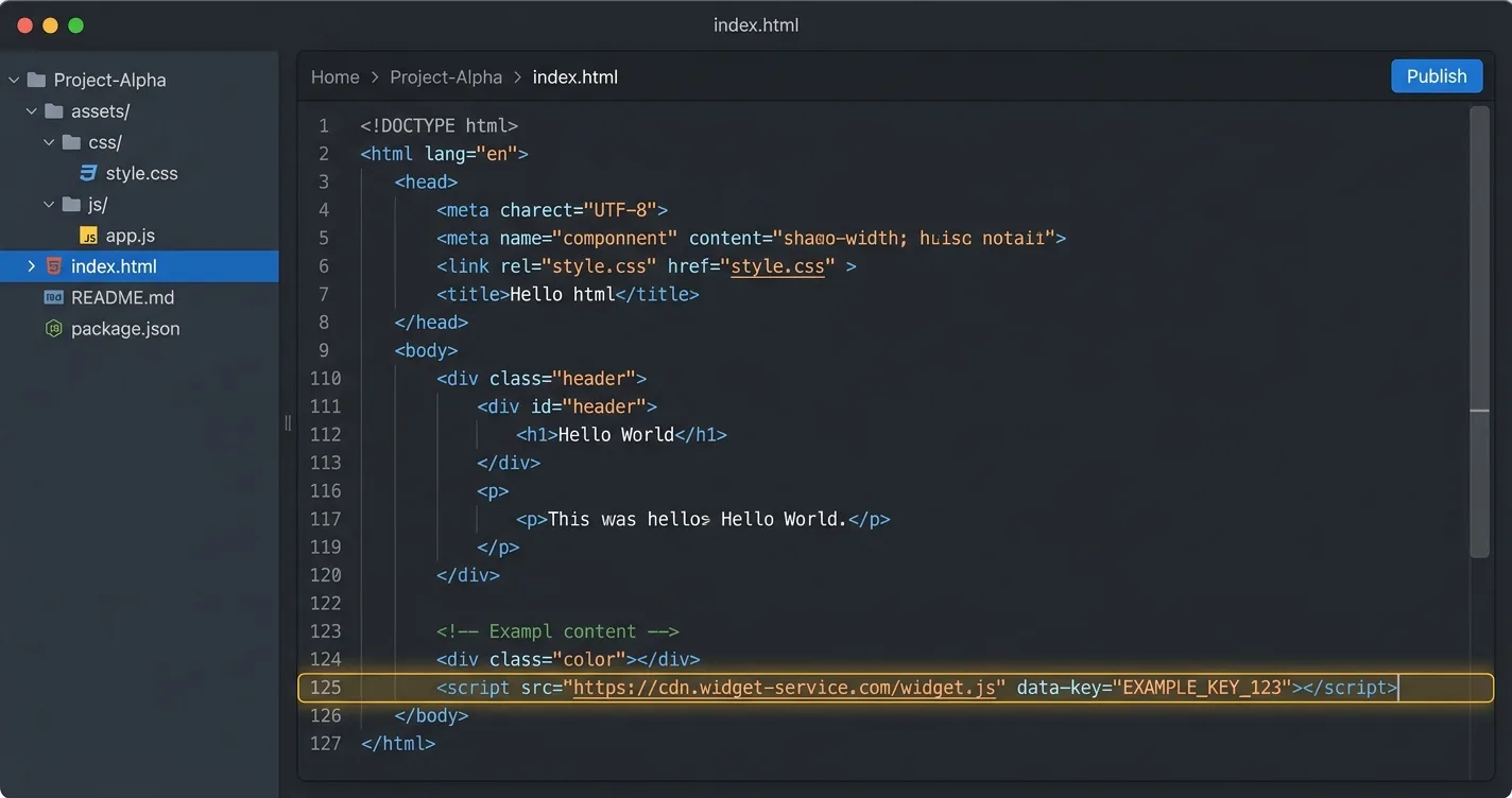 The Lovable Code Mode editor with index.html open and a script tag highlighted just before the closing body tag