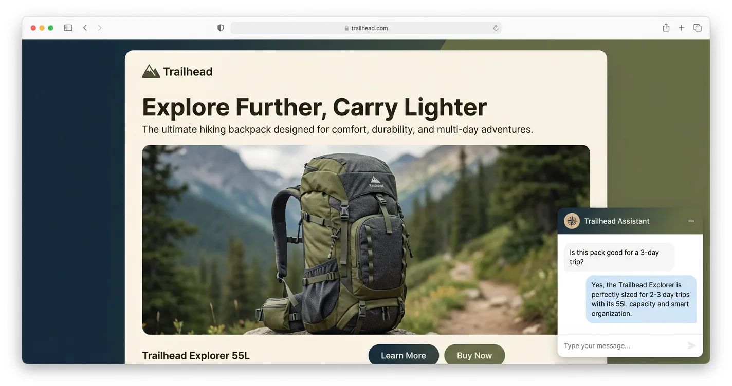 A published Lovable site with an AI chat widget open in the corner, a reader mid-conversation asking about the product