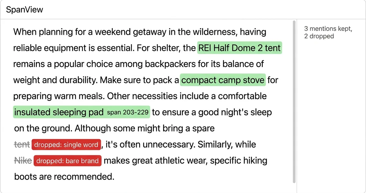 Annotated blog paragraph with three noun phrases highlighted and their character spans, plus two dropped single-word candidates