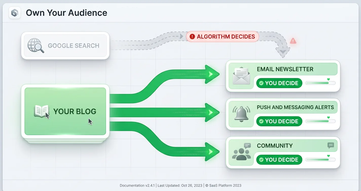 Diagram of a blog funneling readers into owned email, push, and community channels instead of relying on Google search