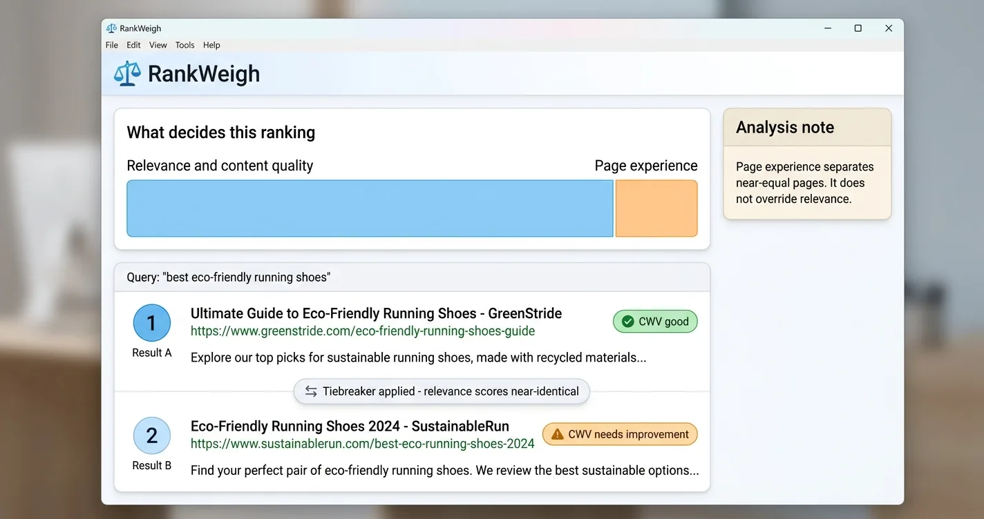 SEO tool showing a wide relevance and content quality bar segment beside a narrow page experience segment, with two near-identical results separated by a tiebreaker label
