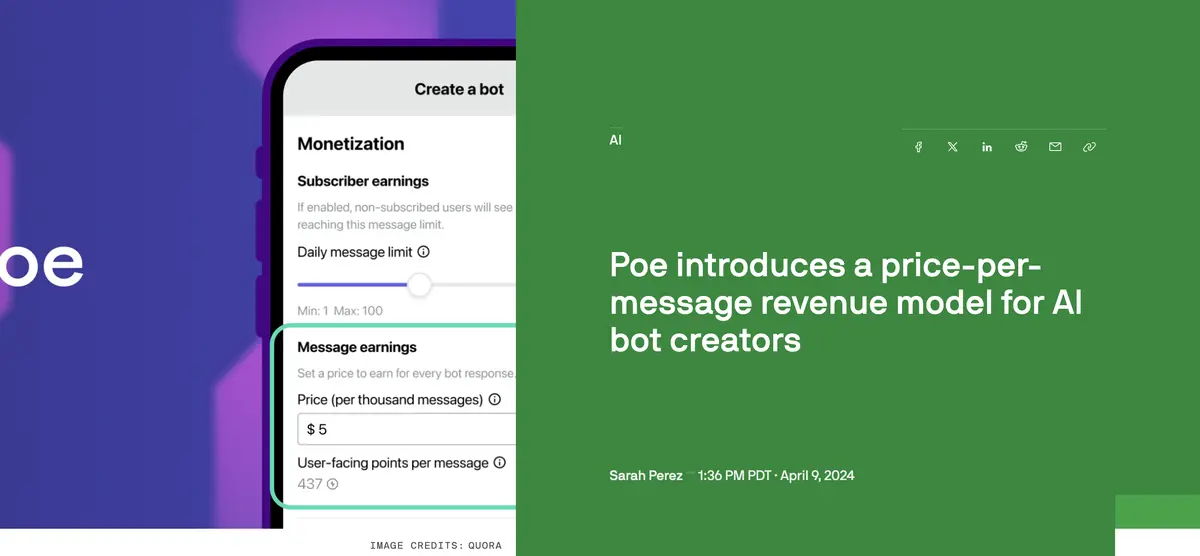 Poe by Quora platform interface showing chatbot marketplace and revenue sharing model