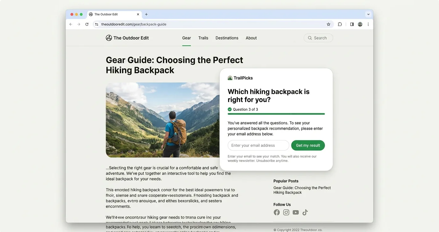 Blog page showing an embedded which-product-is-right-for-you quiz with an email gate before the result