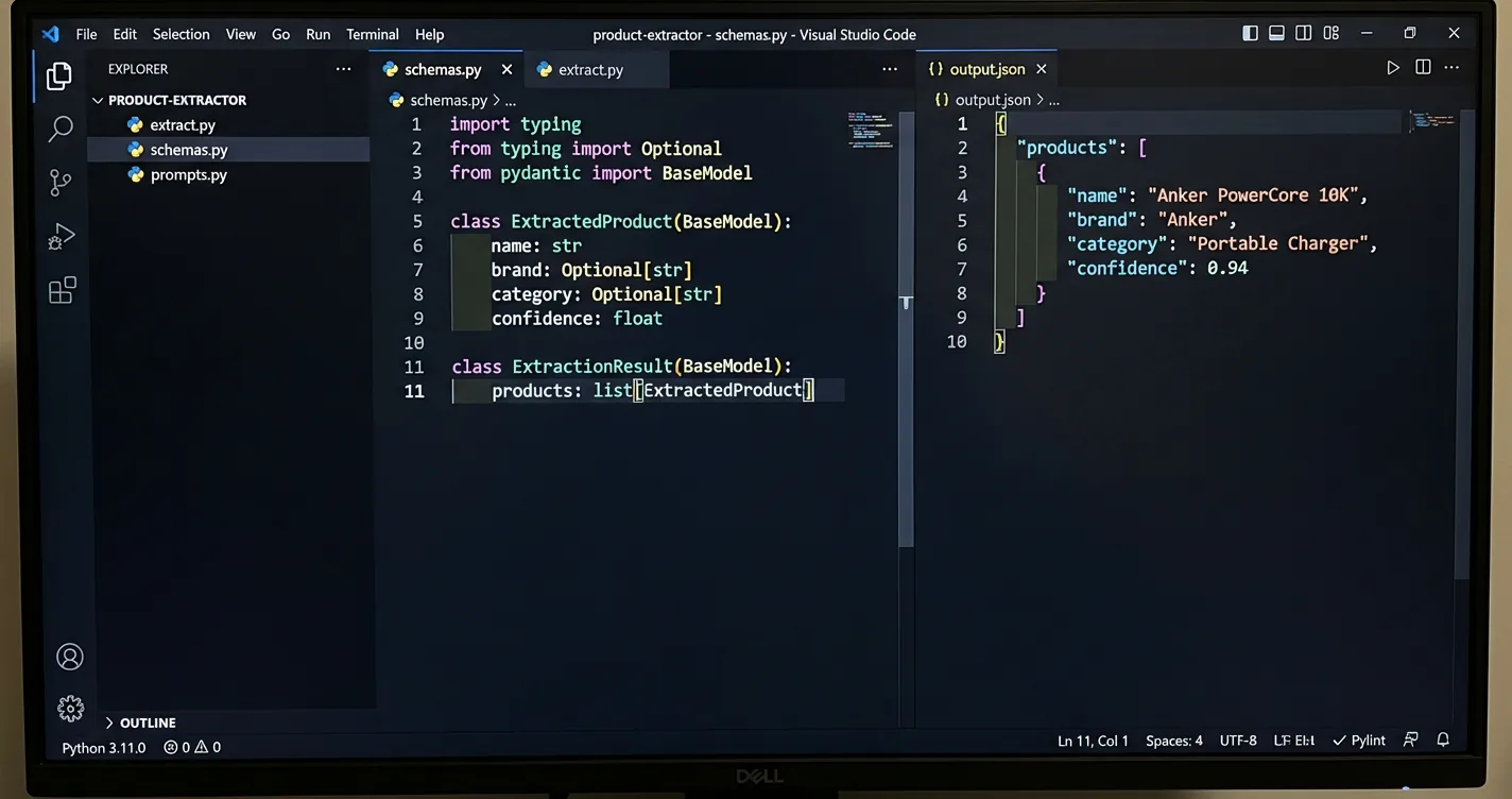 Split-pane code editor showing the ExtractedProduct Pydantic schema on the left and a valid JSON extraction result for an Anker PowerCore 10K on the right