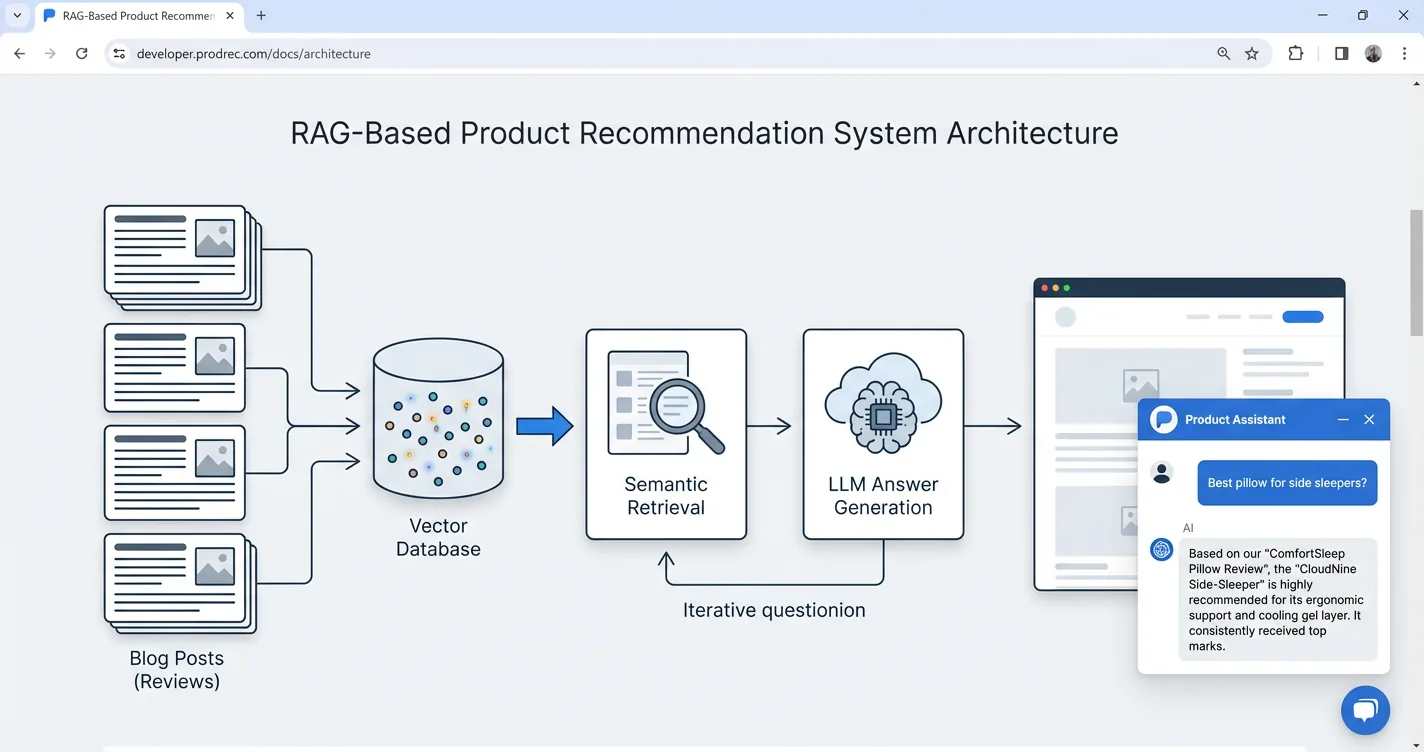 Architecture diagram of blog posts flowing through a vector database and LLM into a chat widget answering a reader's pillow question