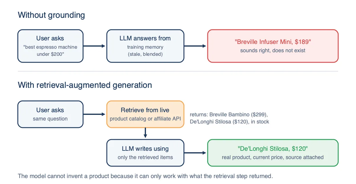 Comparison of an ungrounded LLM inventing a Breville Infuser Mini from training memory versus a retrieval-augmented flow that pulls live catalog items first and recommends a real De'Longhi Stilosa with its current price