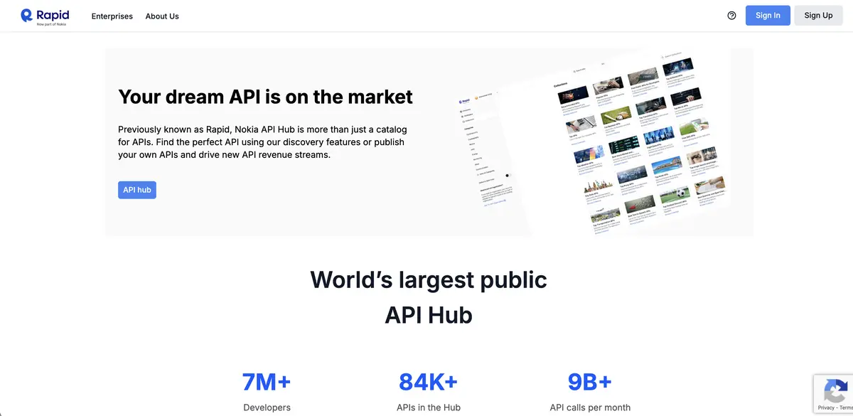 RapidAPI marketplace showing API monetization and integration options