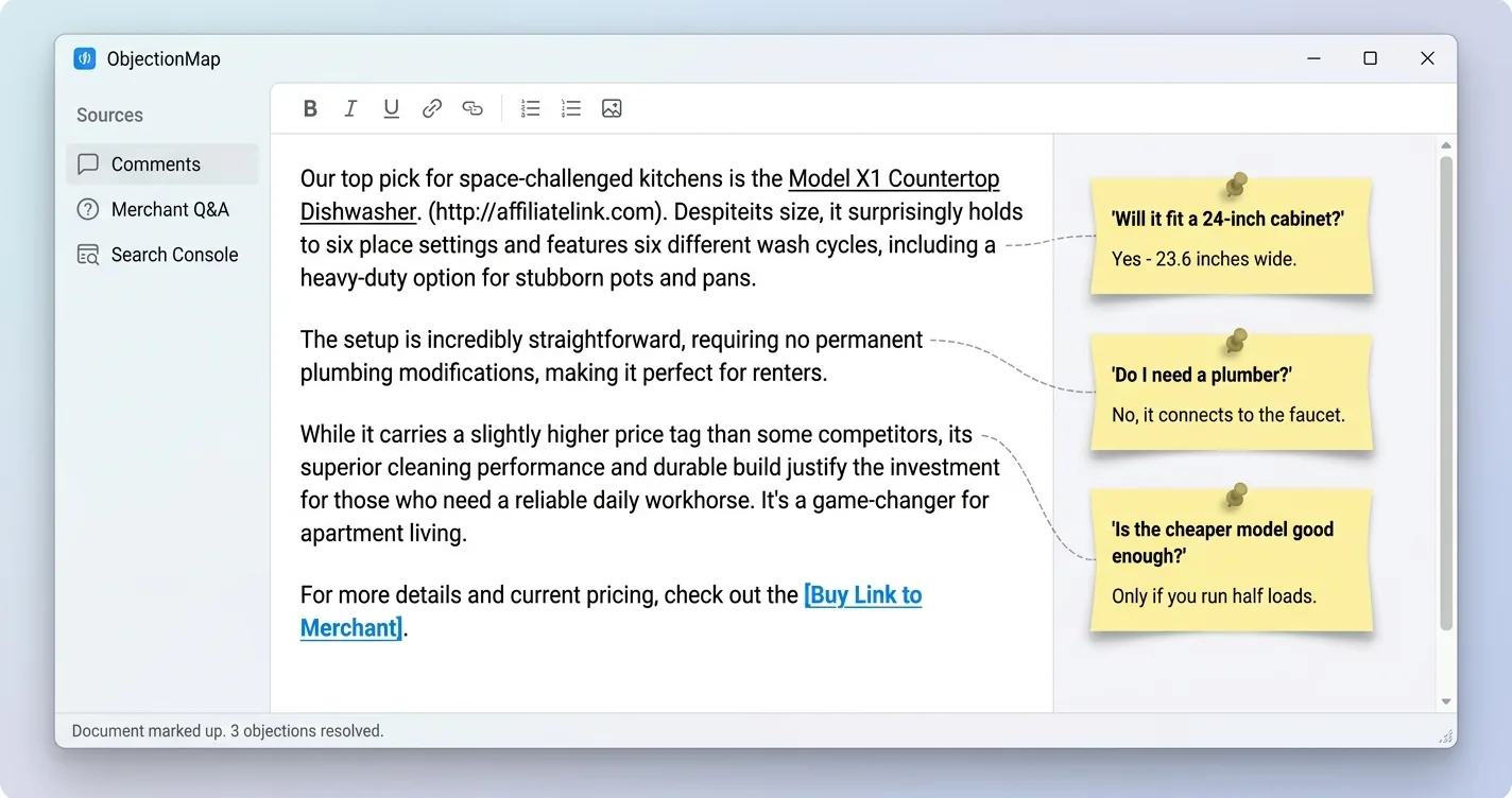 Product review paragraph with three reader objections pinned in the margin, each answered in a single line beside the buy link