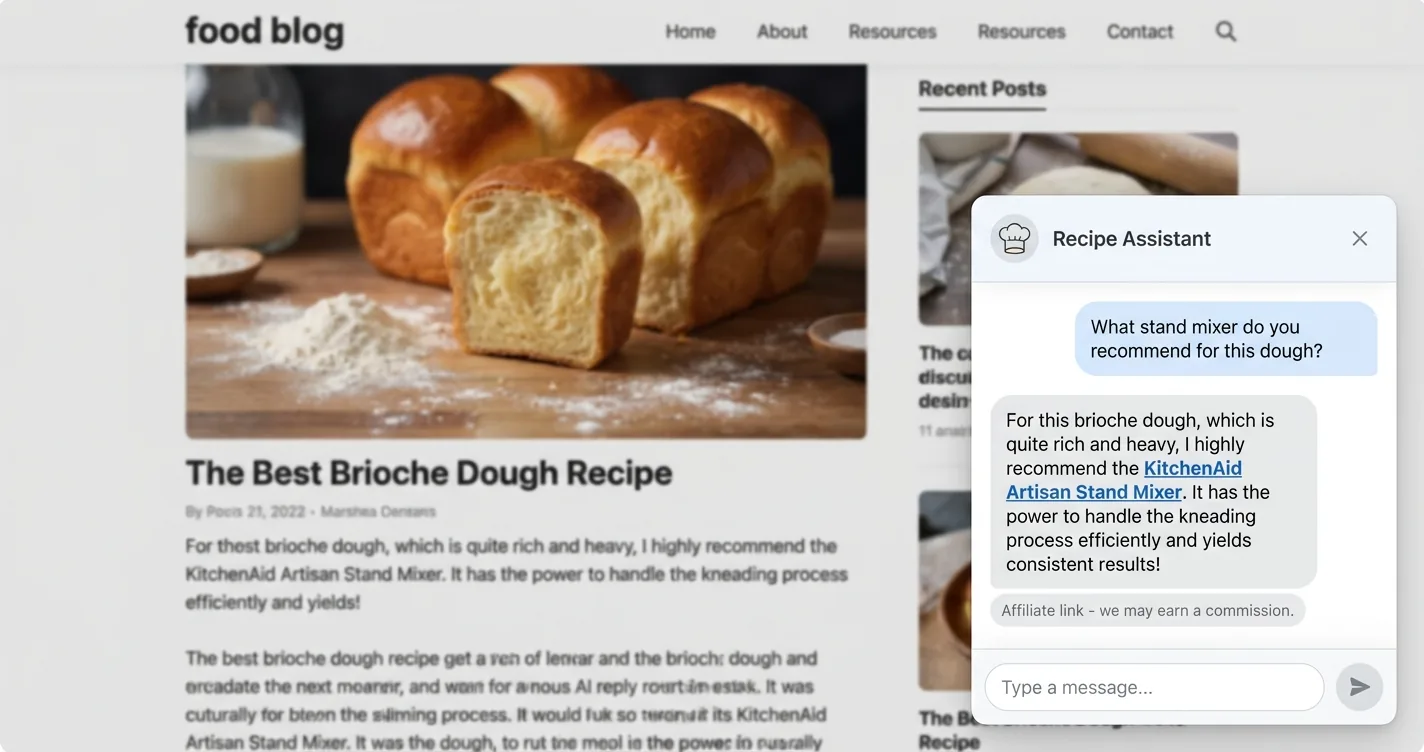 An AI recipe assistant answer with an inline affiliate link on a stand mixer and a small affiliate disclosure tag