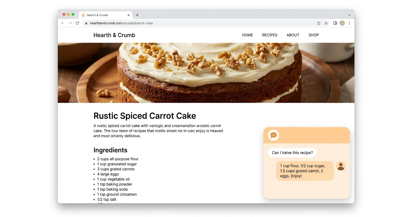 A food blog recipe page with an open AI chat assistant answering a reader's 'can I halve this recipe?' question next to the ingredient list