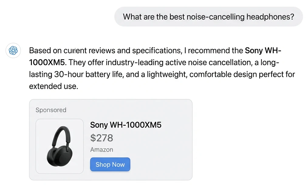Product mock-up of sponsored affiliate ads in ai chats