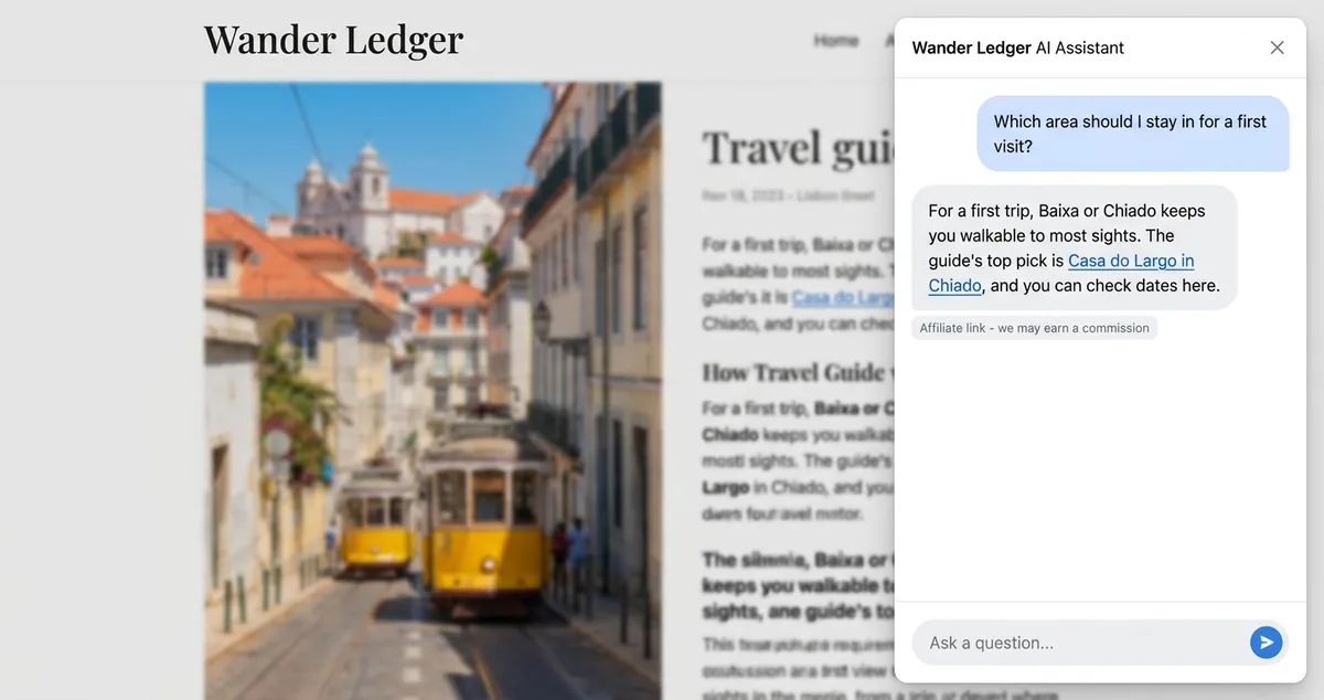 AI chat assistant on a Lisbon travel guide answering where to stay with an in-line hotel affiliate link and a commission disclosure