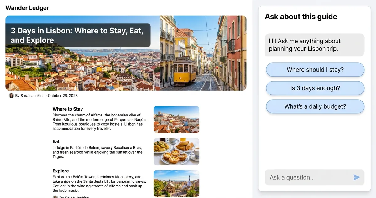 Lisbon travel guide with an AI chat panel showing three starter questions about where to stay, trip length, and daily budget