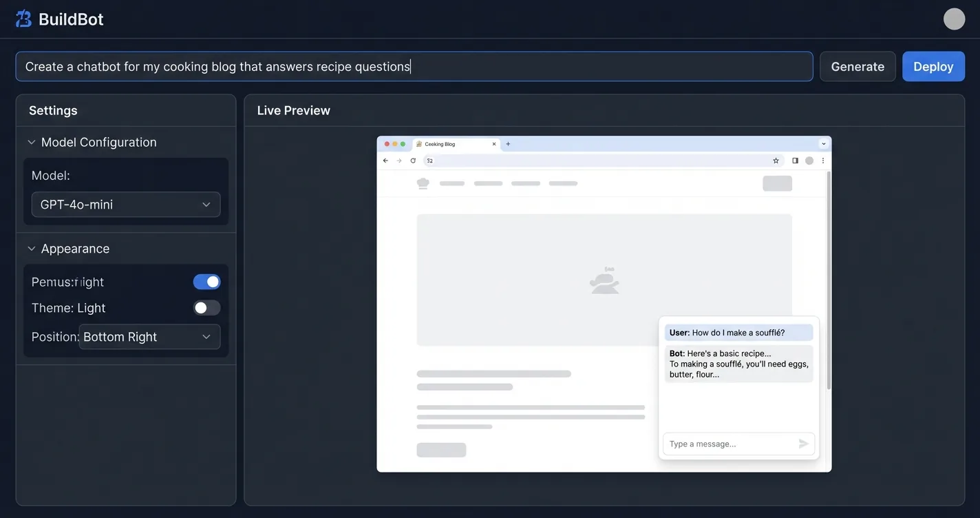 Vibe-coding tool interface generating a blog chatbot with no monetization options