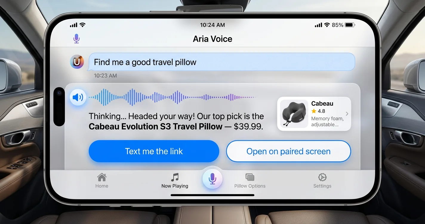A voice assistant speaking a product name and price aloud, then offering to text the affiliate link to a paired phone