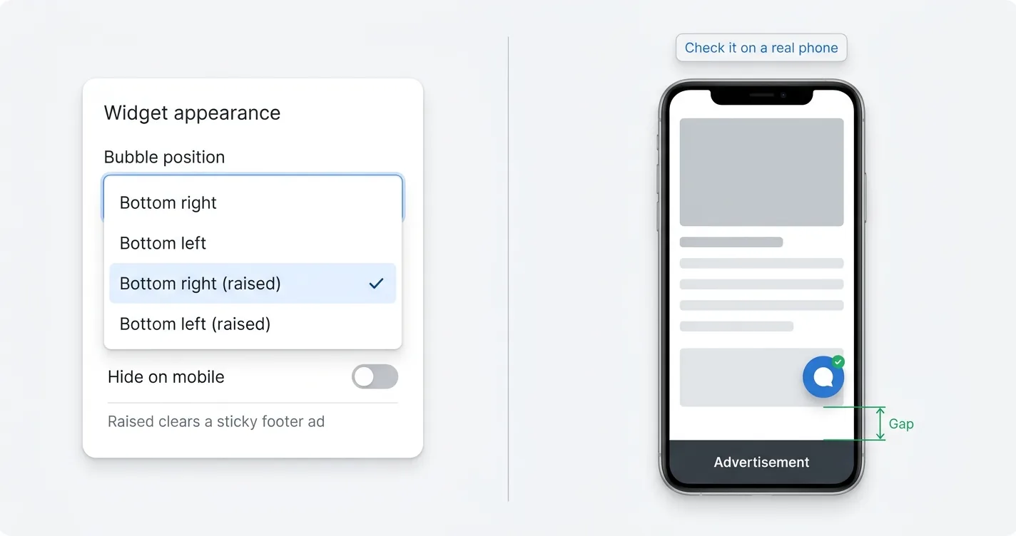 Widget appearance settings panel with a bubble position dropdown showing four options, beside a phone with the chat bubble sitting clear of a sticky footer ad