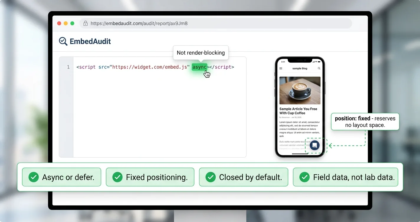 Embed audit tool highlighting the async attribute on a widget script tag as not render-blocking, beside a phone mockup with a closed corner chat bubble labelled position fixed reserves no layout space, over a four-item checklist