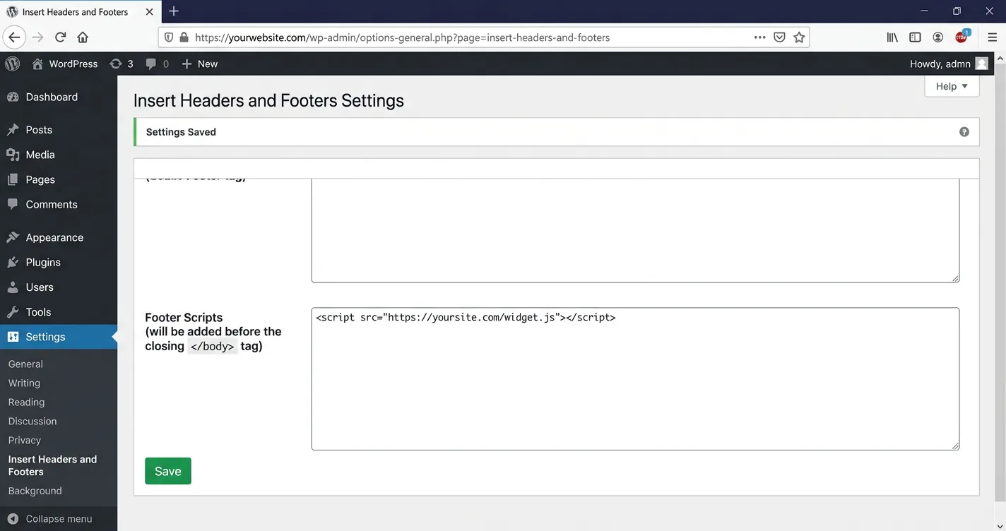 WordPress Insert Headers and Footers plugin with a chat widget embed snippet in the footer field