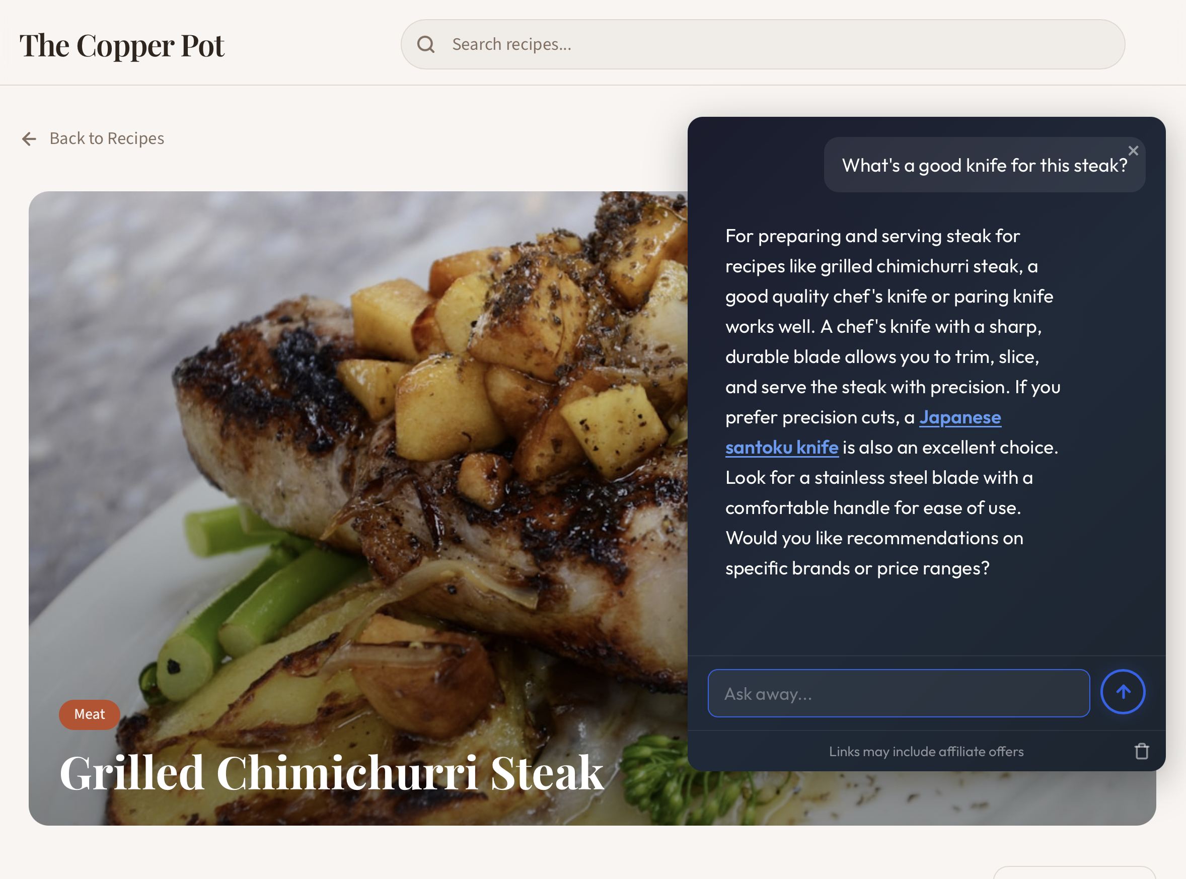 ChatAside widget on The Copper Pot recipe blog showing AI-generated recipe answer with Amazon affiliate product links