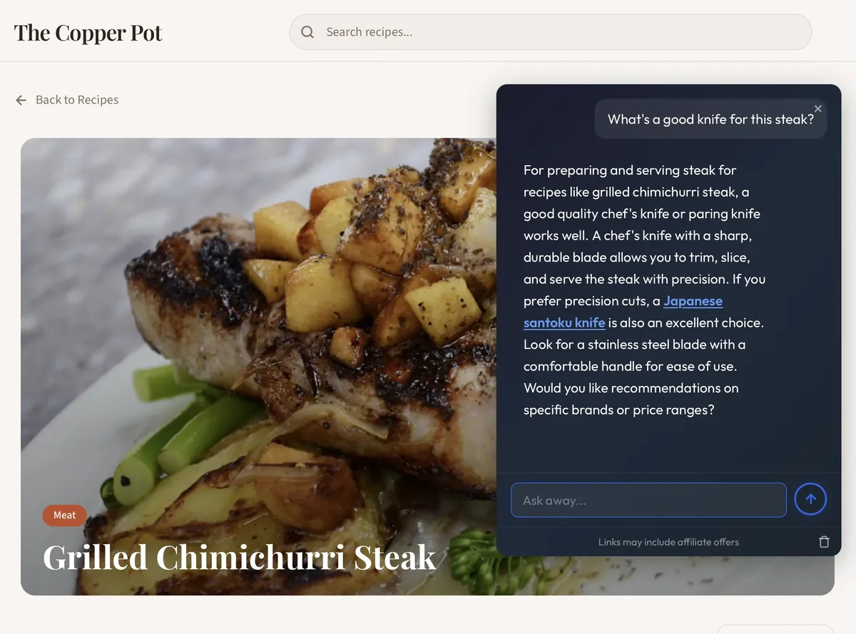 ChatAds widget on The Copper Pot recipe blog showing AI-generated recipe answer with Amazon affiliate product links