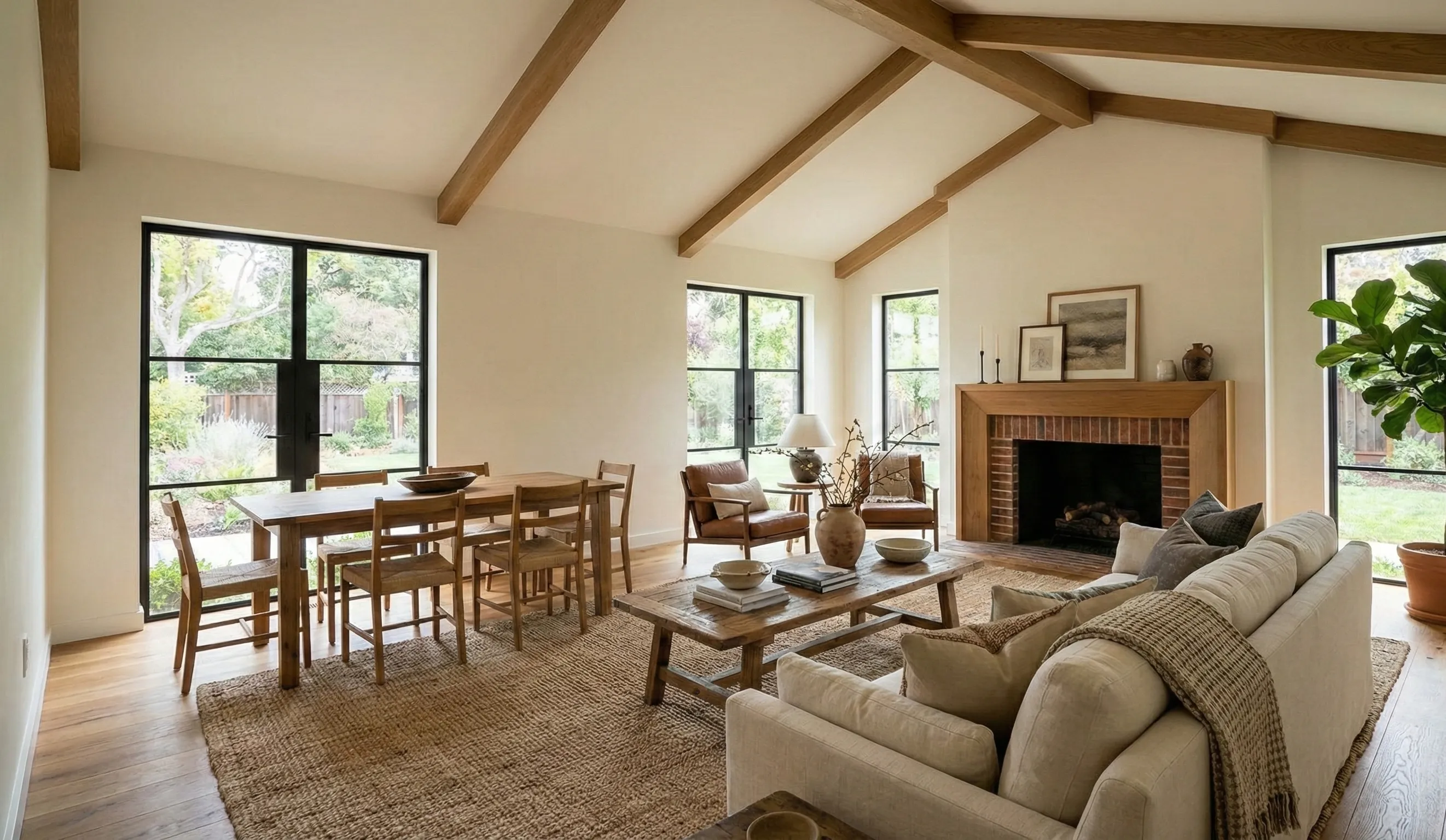 AI-generated furnished living room with sofa, coffee table, dining set, and plants