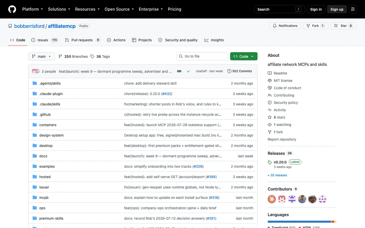 The affiliatemcp GitHub repository showing six stars, 115 open issues, and the v0.20.0 release