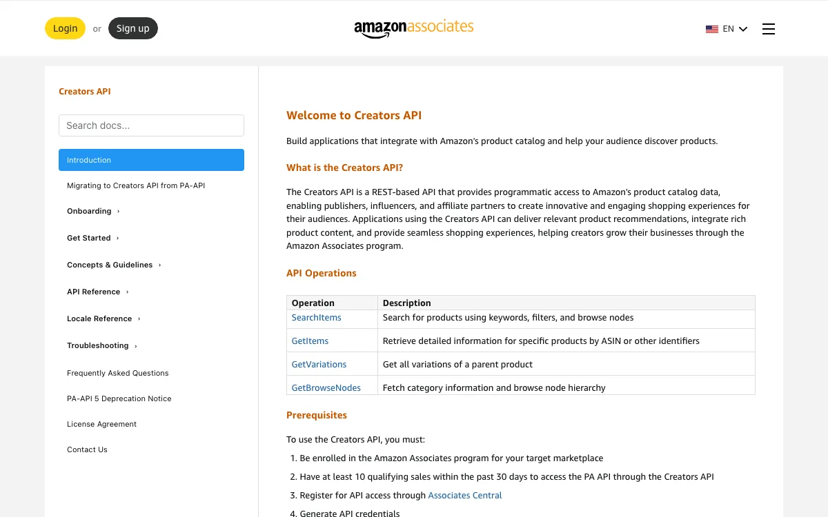 Amazon Creators API documentation listing SearchItems, GetItems, GetVariations, and GetBrowseNodes alongside the 10-qualifying-sales prerequisite
