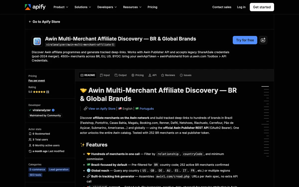 Apify store page for the Awin Multi-Merchant Affiliate Discovery actor showing pay-per-event pricing and three total users