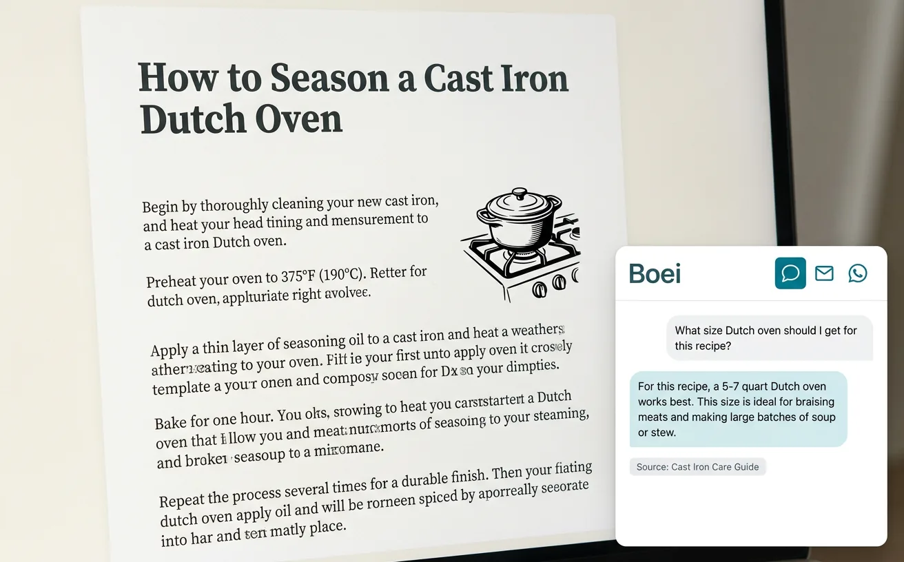 Boei multi-channel contact widget and AI chatbot embedded on a Ghost site