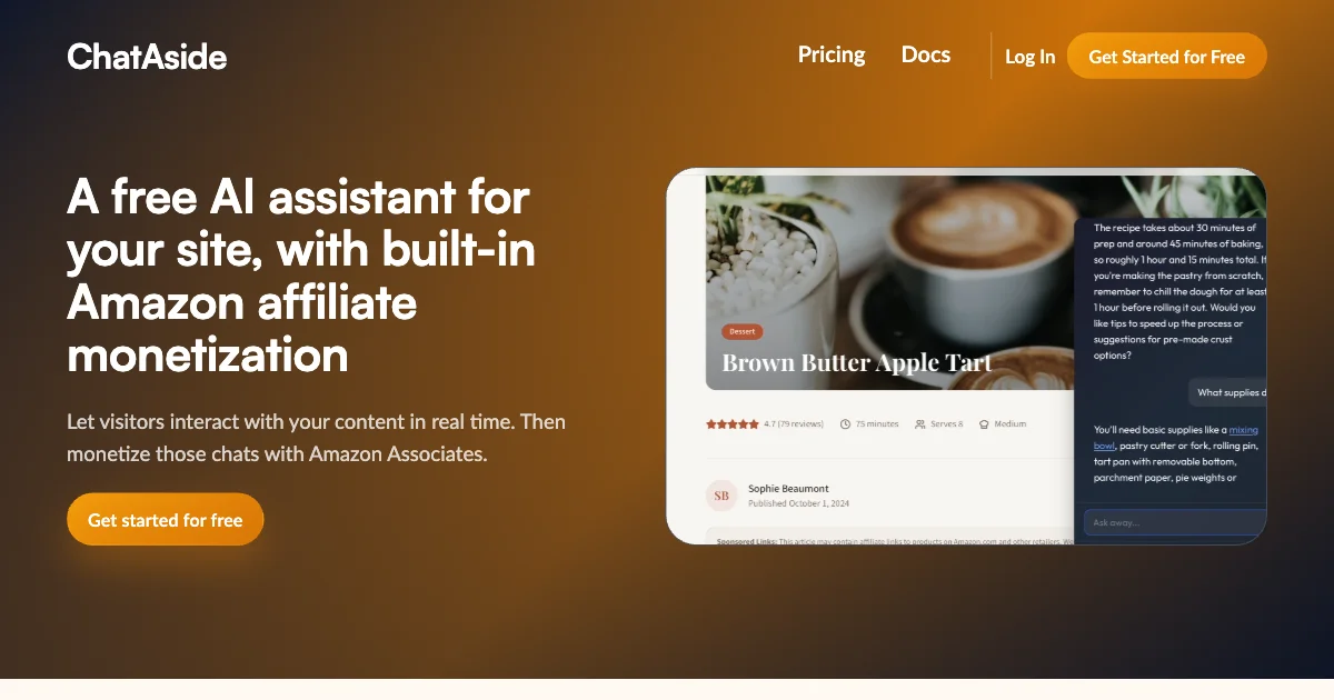 ChatAside free AI chat widget with built-in affiliate link insertion for publishers