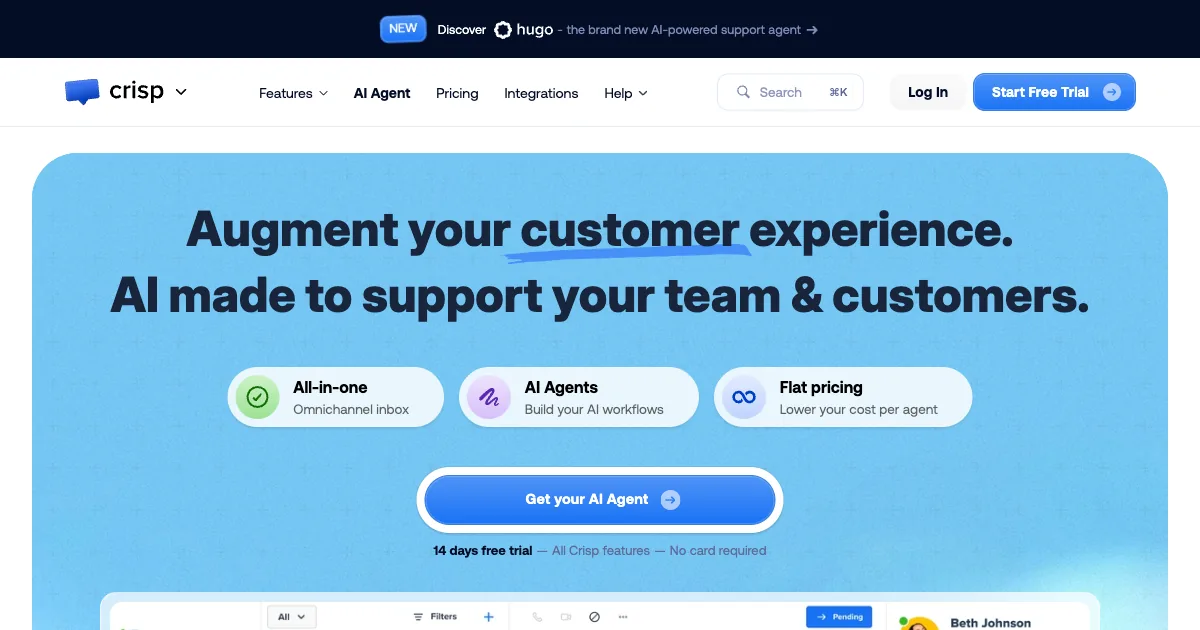 Crisp shared inbox and MagicReply AI chat widget on a blog