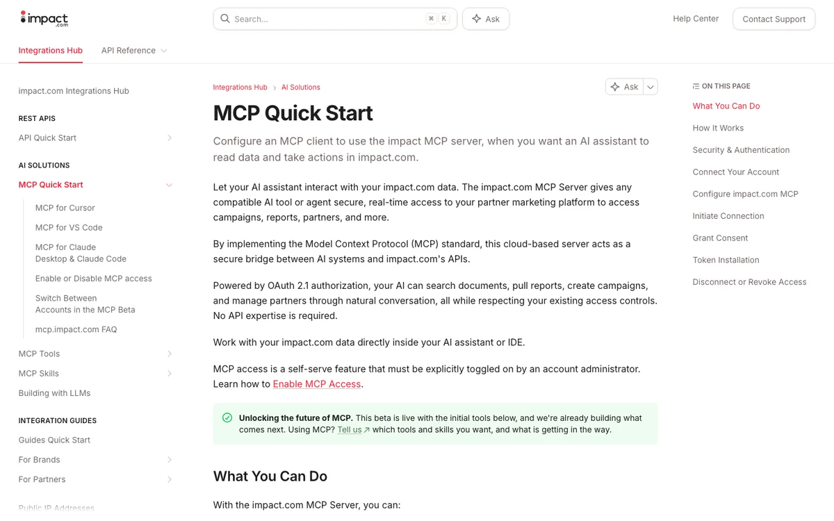 impact.com MCP Quick Start documentation describing OAuth 2.1 authorization and admin-enabled MCP access