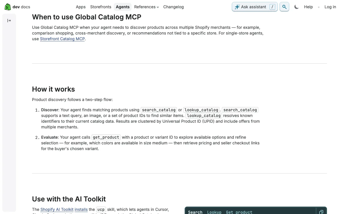 Shopify Global Catalog MCP documentation showing when to use the server and its search_catalog, lookup_catalog, and get_product tools
