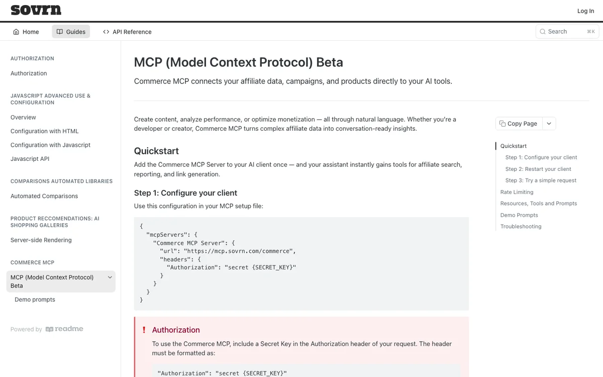 Sovrn Commerce MCP beta documentation showing the mcpServers config block and the Authorization secret key requirement