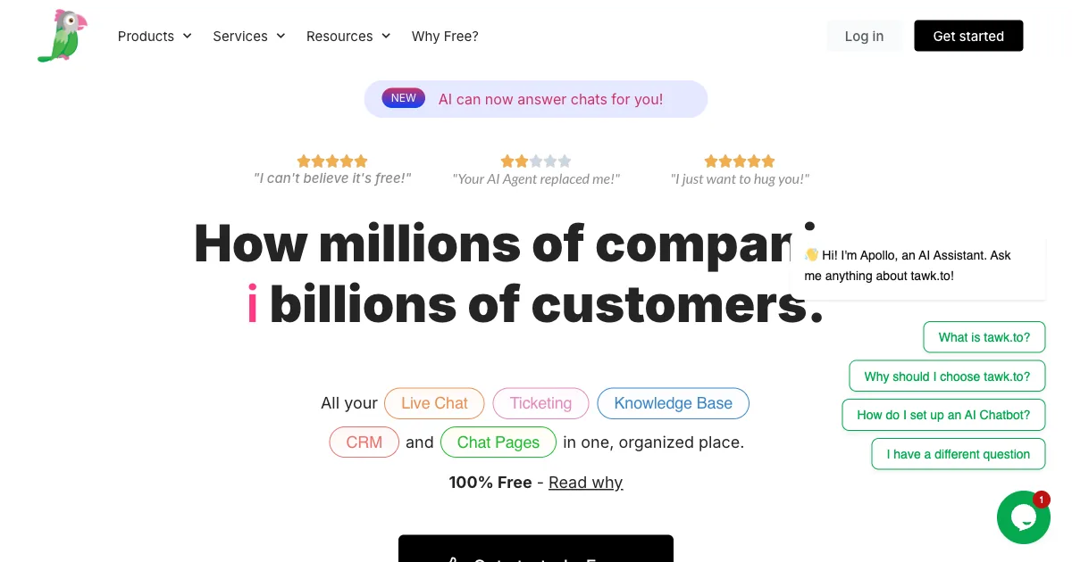 tawk.to free live chat widget with Apollo AI add-on on a blog