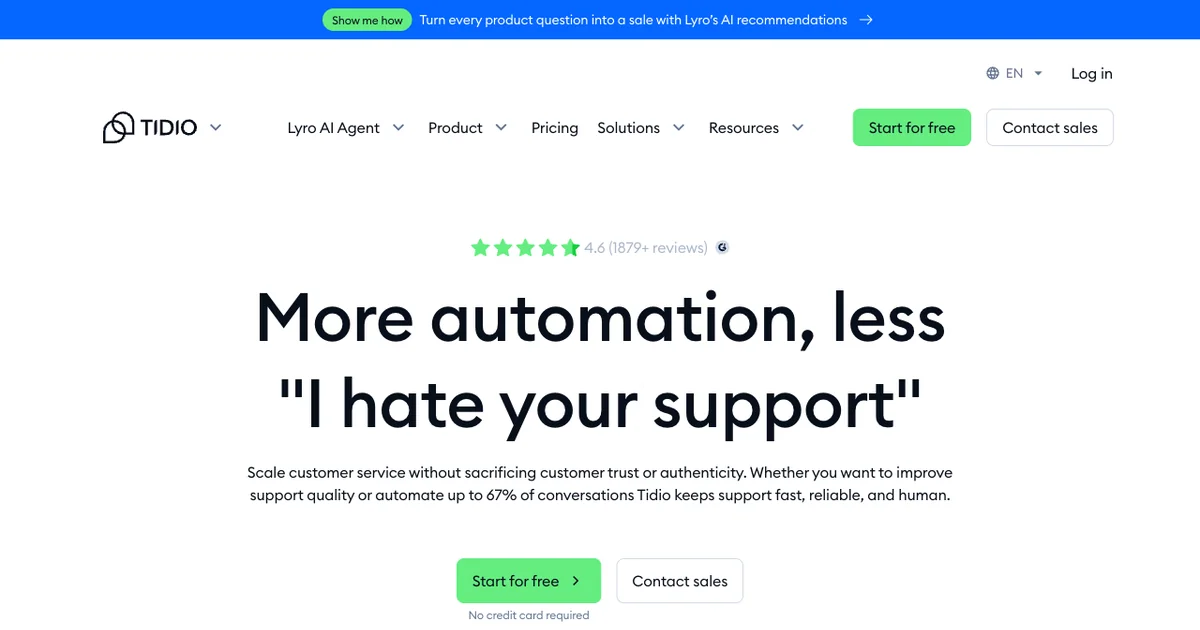Tidio live chat suite with Lyro AI agent for any website