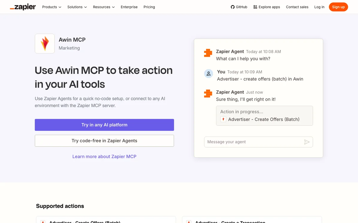 Zapier's Awin MCP page showing an agent running the Advertiser Create Offers action